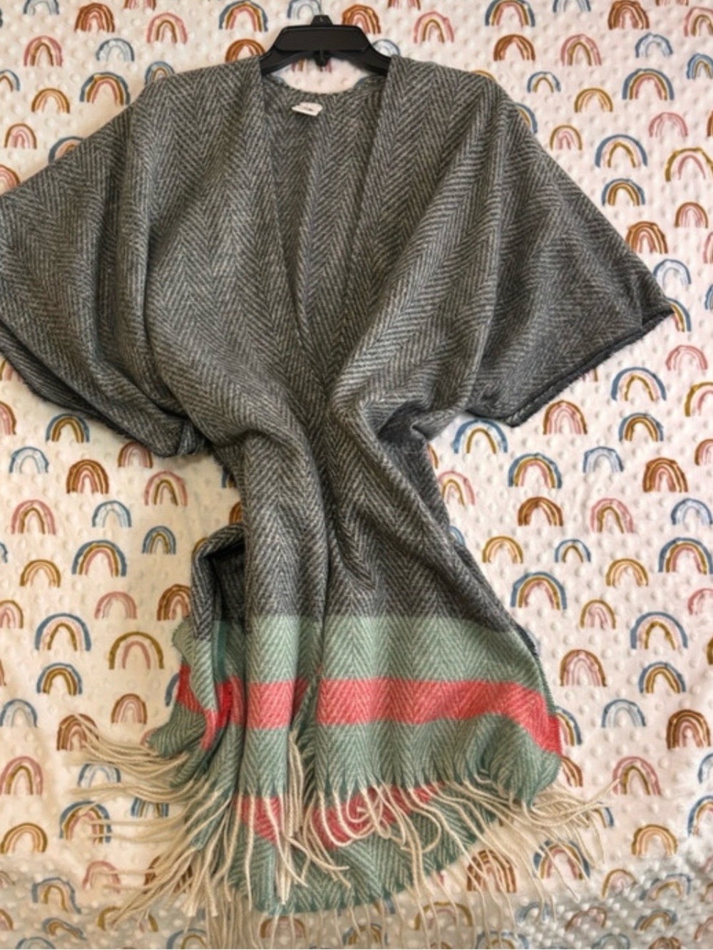 Just Jamie Gray Herringbone Cardigan with Mint and Coral Stripes